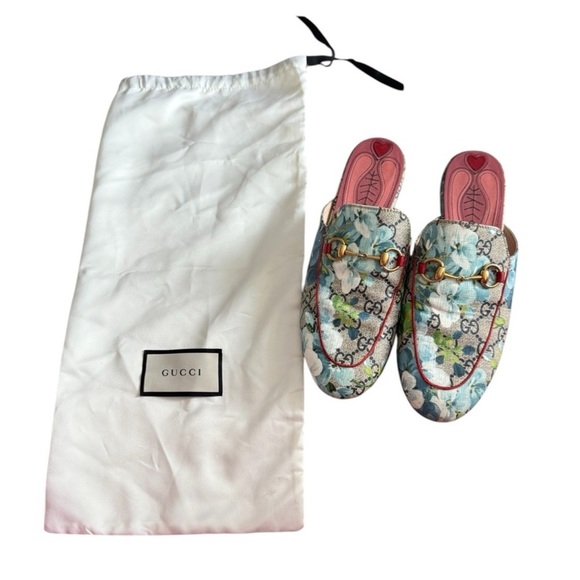 GUCCI Supreme Monogram Blooms Princetown Slippers 40 Beige Blue Navy Hibiscus - Picture 14 of 16
